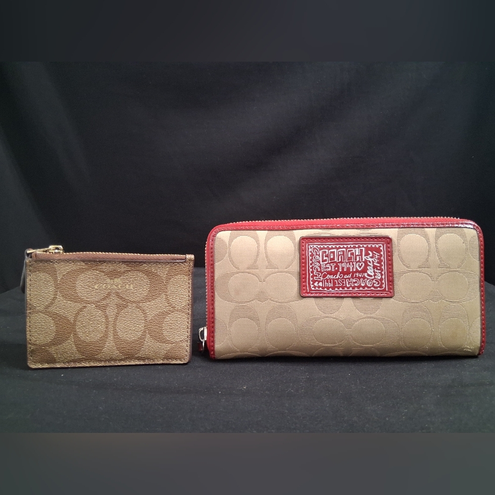 Coach Canvas Accordion Wallet W/ Burgundy Trim. Free Coin purse With Purchase